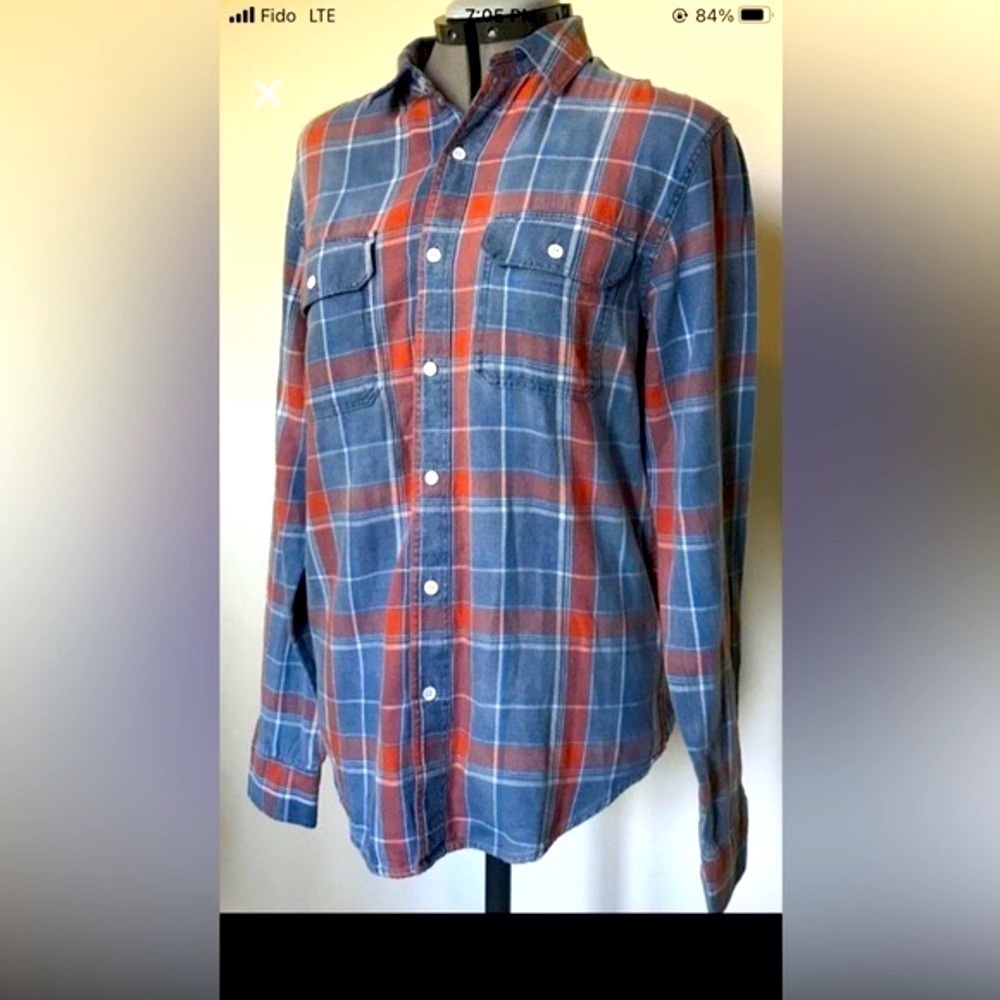 Lucky Brand Flannel Blue and Orange Plaid Button Down Shirt size small